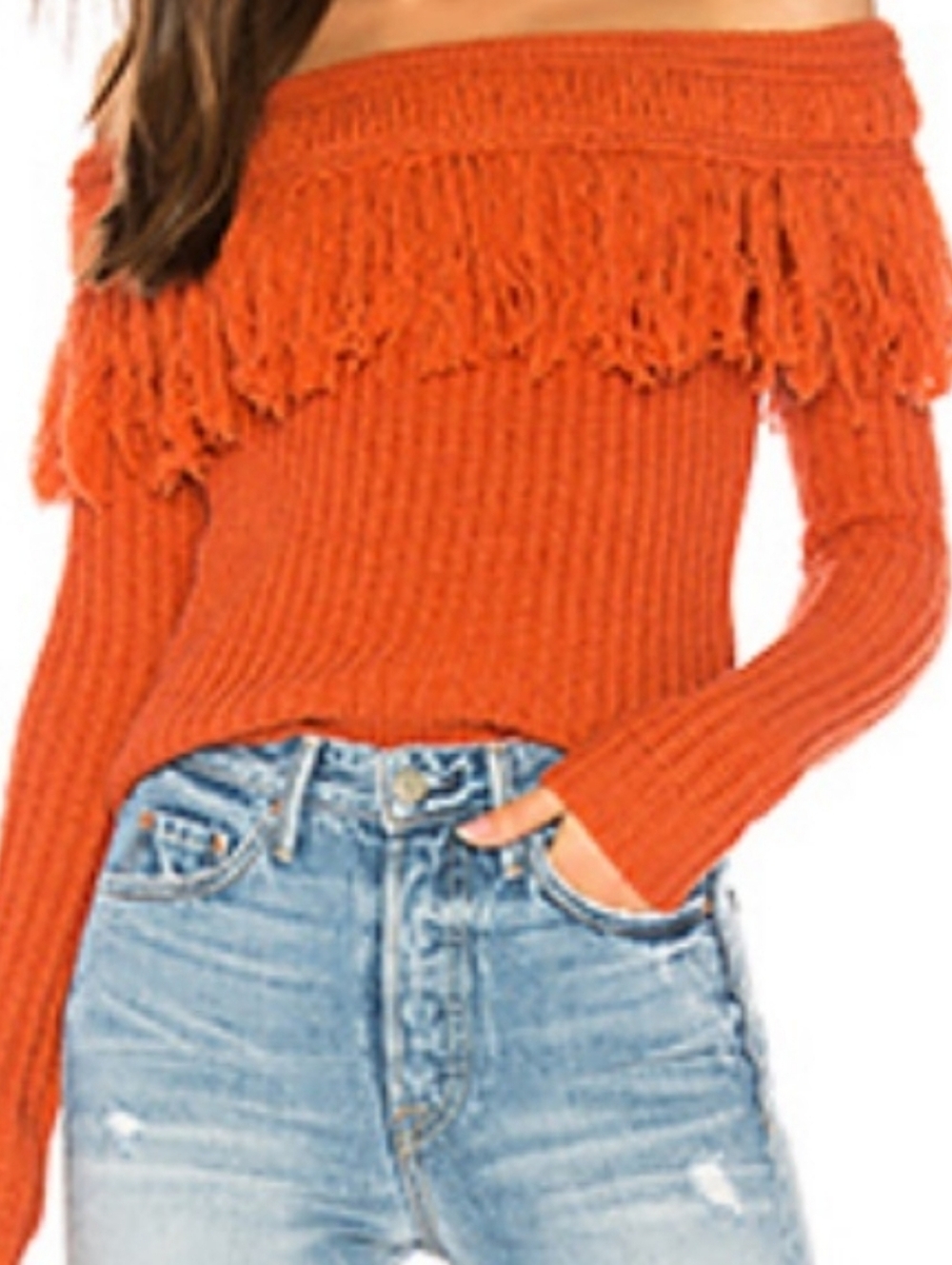 Tularosa Revolve Orange Off-Shoulder Fringe Sweater Boho Festival Alpaca Wool M